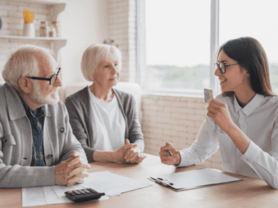 elderly couple speaking with financial planner